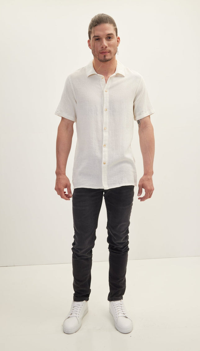 Knitted Polo Buttoned Short Sleeve Shirt - Off White - Ron Tomson
