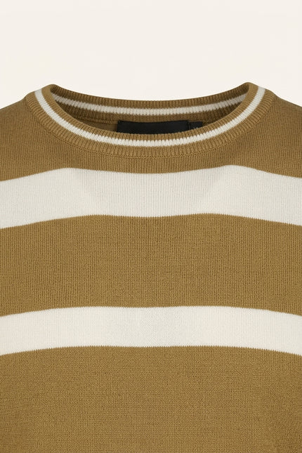 Knitted Striped Short Sleeve Top - Mustard - Detail