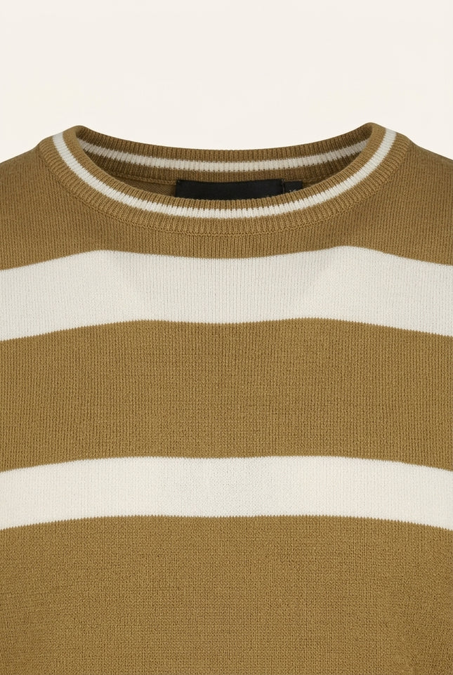 Knitted Striped Short Sleeve Top - Mustard - Detail