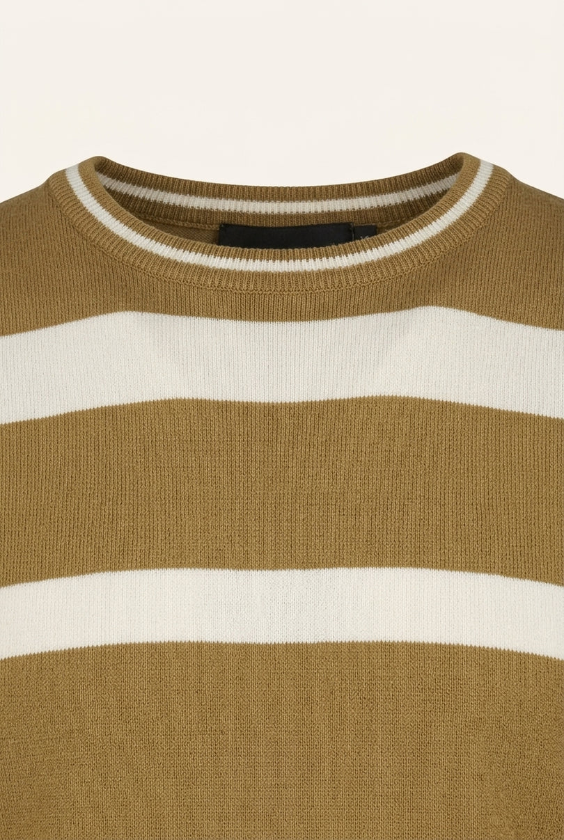Knitted Striped Short Sleeve Top - Mustard - Detail