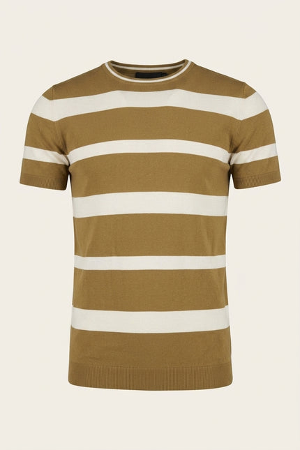 Knitted Striped Short Sleeve Top - Mustard - Front