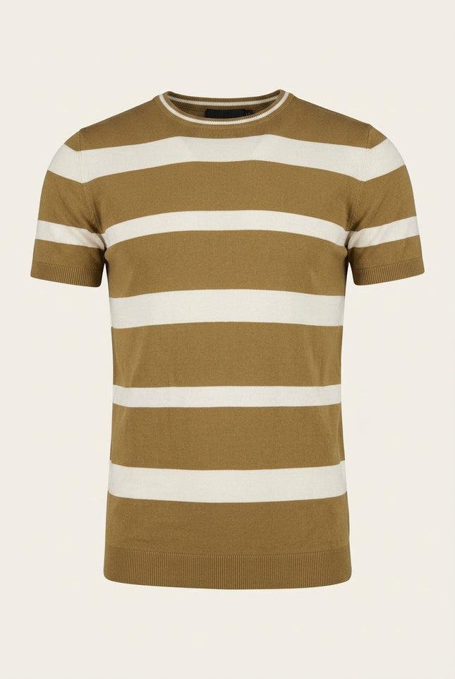Knitted Striped Short Sleeve Top - Mustard - Front