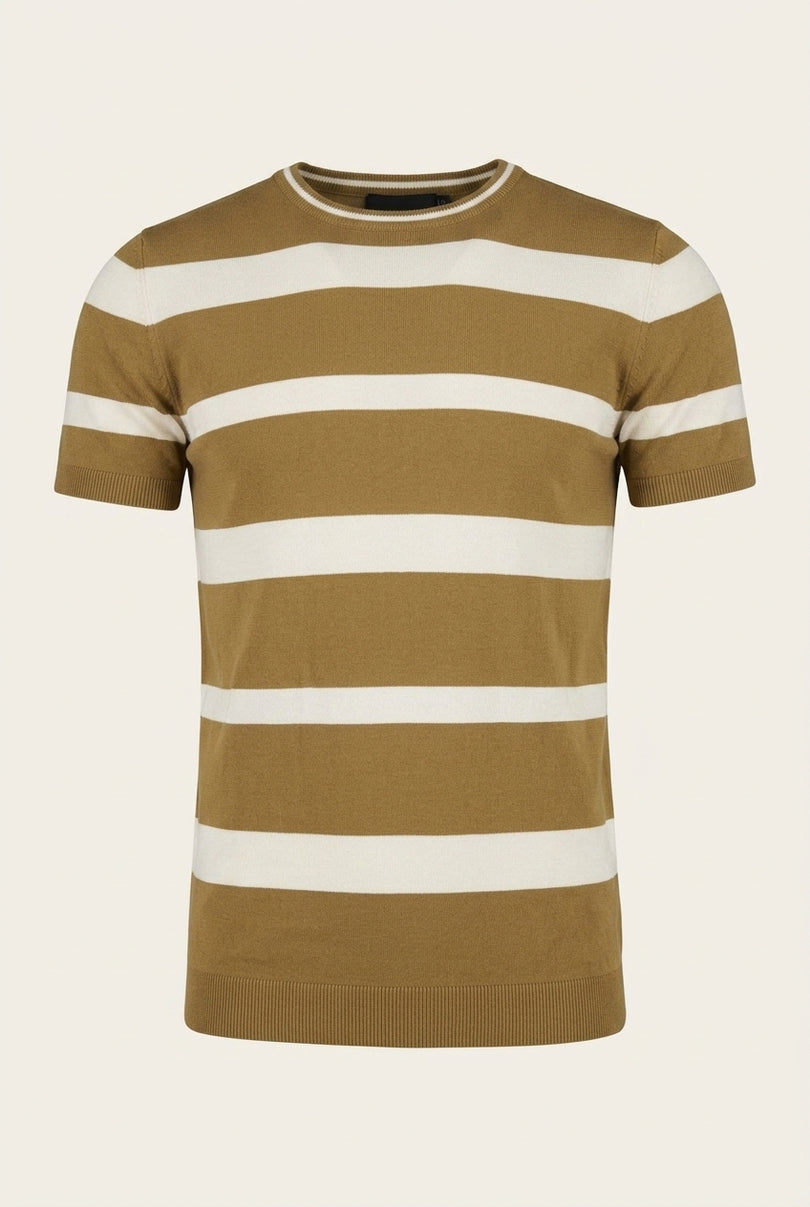 Knitted Striped Short Sleeve Top - Mustard - Front