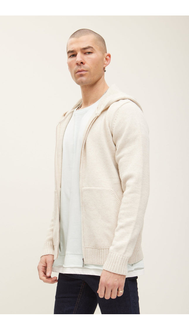 Knitted Zipper Hoodie - Stone - Ron Tomson