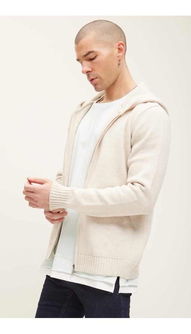 Knitted Zipper Hoodie - Stone - Ron Tomson