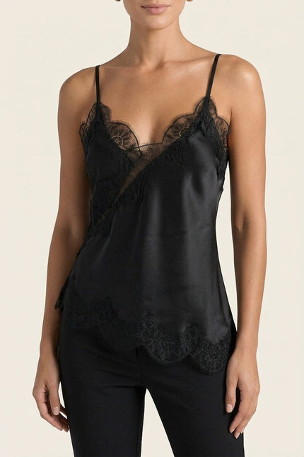 Lace-Trim Satin Camisole - Black - macro view