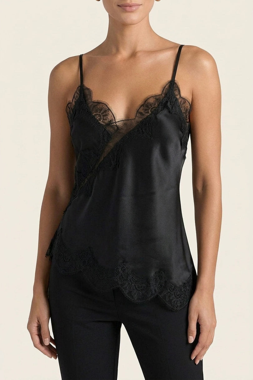 Lace-Trim Satin Camisole - Black - macro view