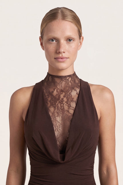 Lace and Stretch Mini Dress - Brown - macro view