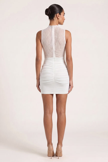 Lace and Stretch Short Dress - White - back view