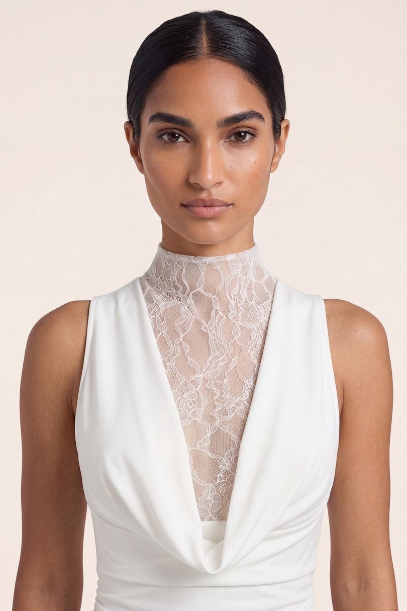 Lace and Stretch Short Dress - White - macro view