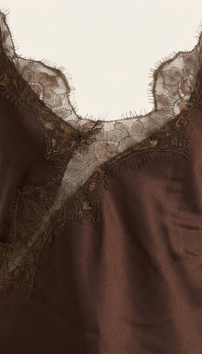 Lace Sateen Camisole - Brown - Detail