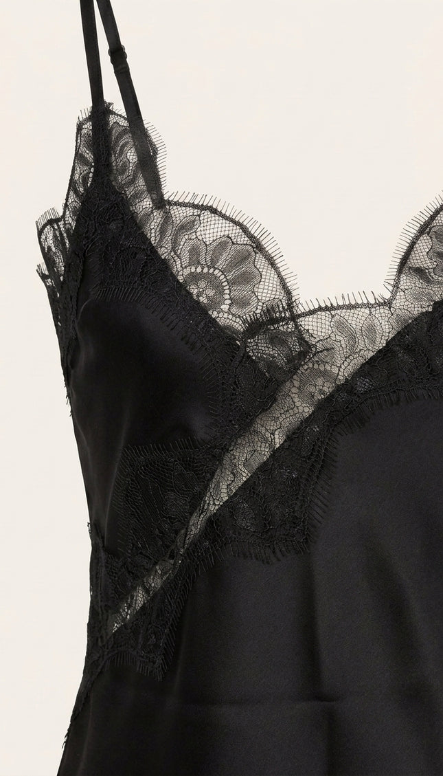 Lace Sateen Top - Black - Detail
