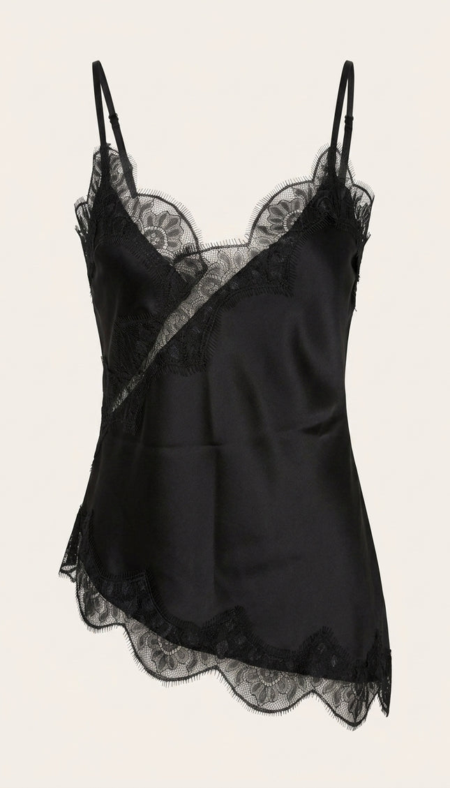 Lace Sateen Top - Black - Front