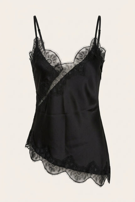 Lace Sateen Top - Black - Front