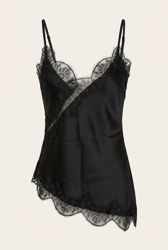Lace Sateen Top - Black - Front