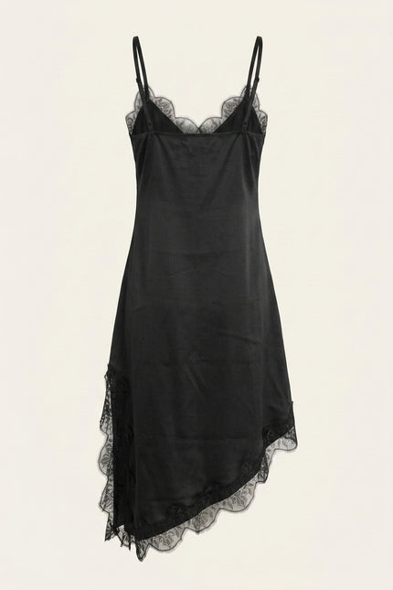 Lace Trim Sateen Dress - Black - Back