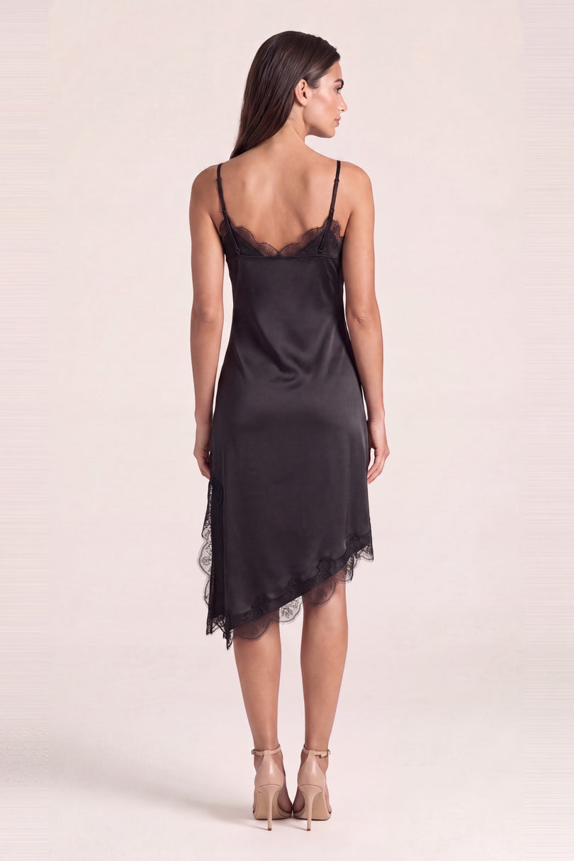 Lace Trim Sateen Dress - Black - back view
