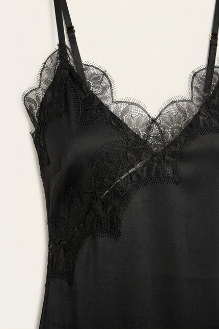 Lace Trim Sateen Dress - Black - Detail