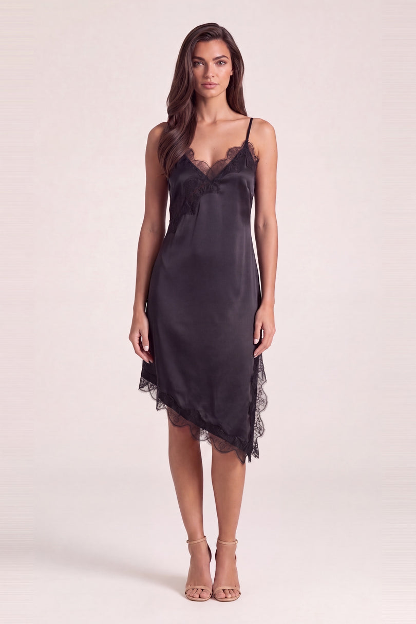 Lace Trim Sateen Dress - Black - detail view