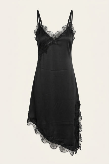 Lace Trim Sateen Dress - Black - Front