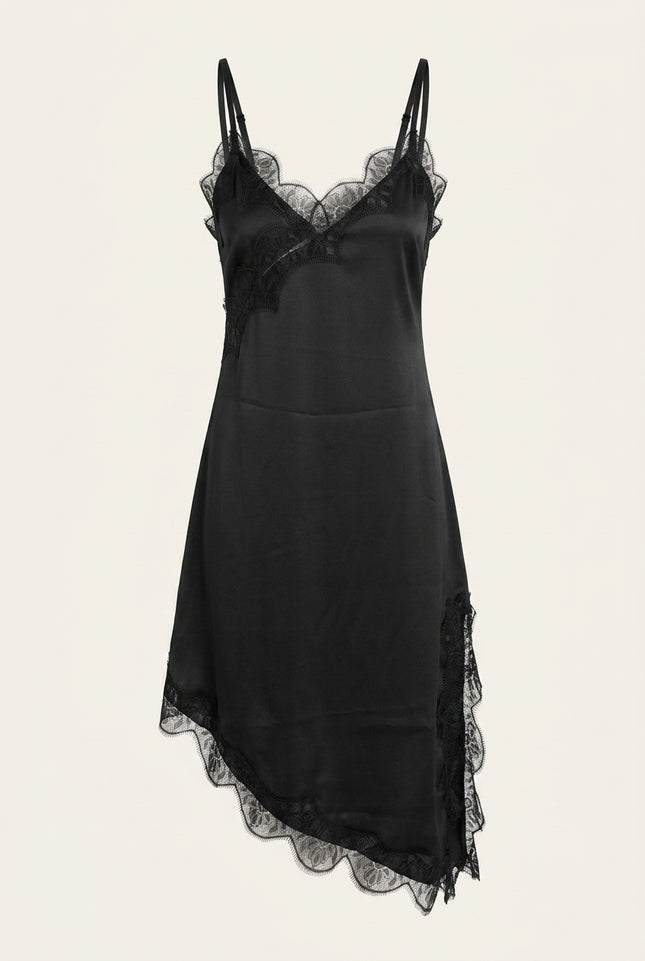 Lace Trim Sateen Dress - Black - Front