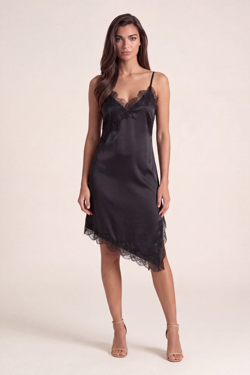 Lace Trim Sateen Dress - Black - front view