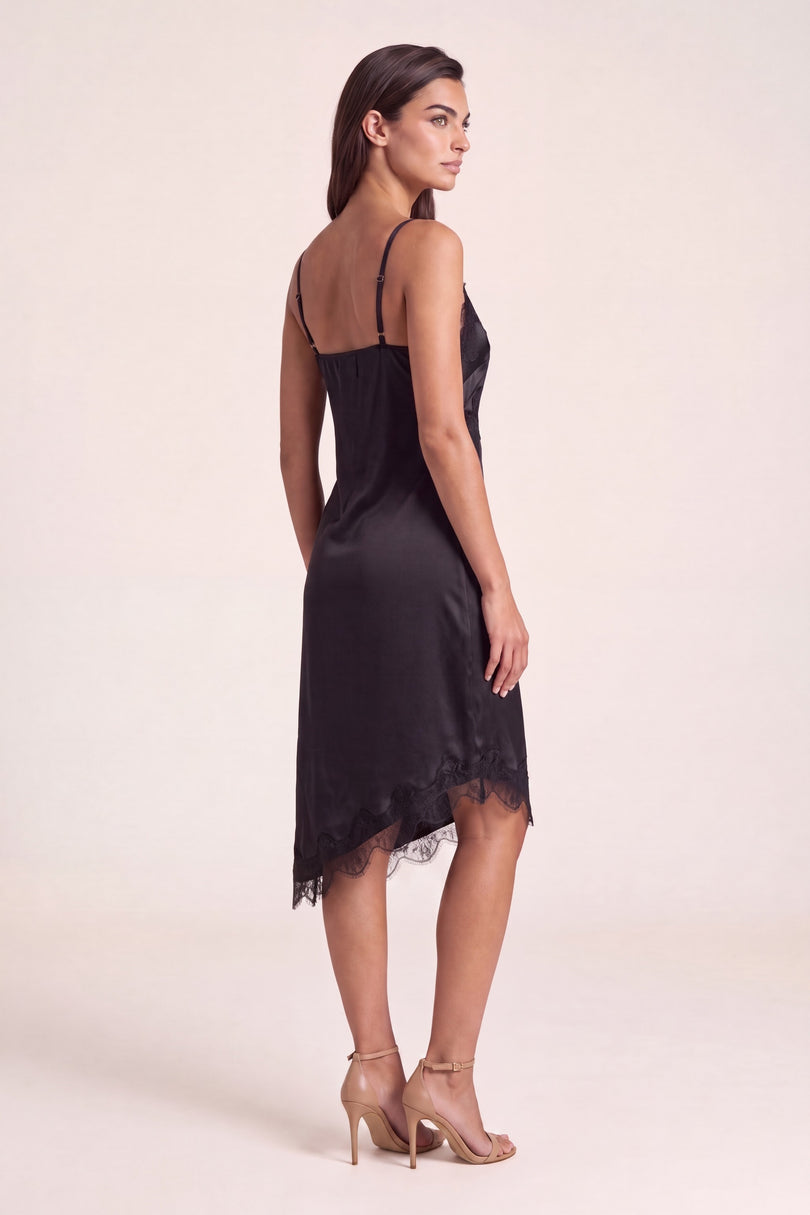 Lace Trim Sateen Dress - Black - side view