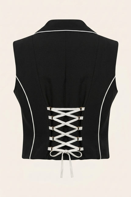 Lace-Up Cropped Vest - Black - Back