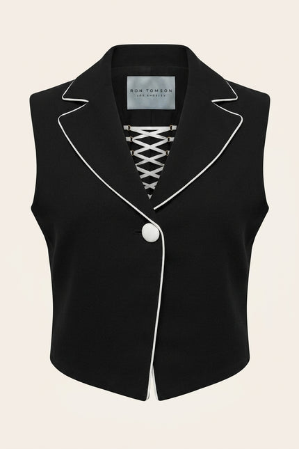 Lace-Up Cropped Vest - Black - Front
