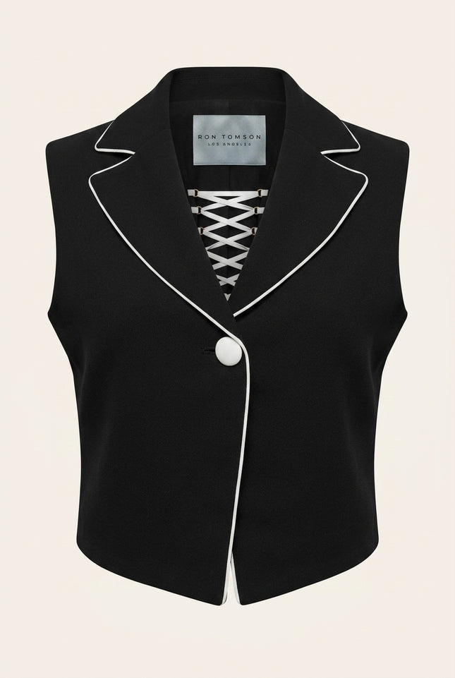 Lace-Up Cropped Vest - Black - Front