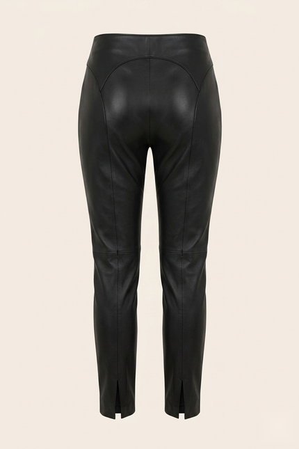 Women's black lambskin leather lace-up pants — back view