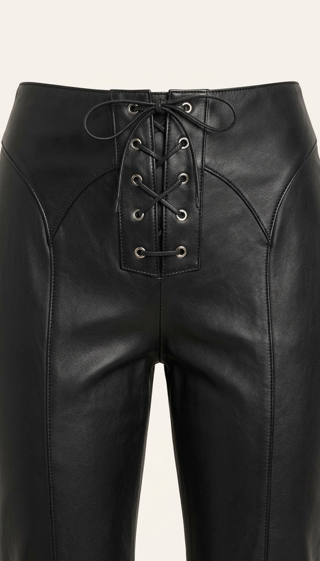 Women's black lambskin leather lace-up pants — corset lace-up front detail