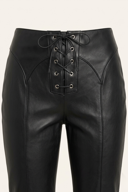 Women's black lambskin leather lace-up pants — corset lace-up front detail