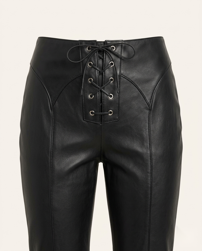 Women's black lambskin leather lace-up pants — corset lace-up front detail