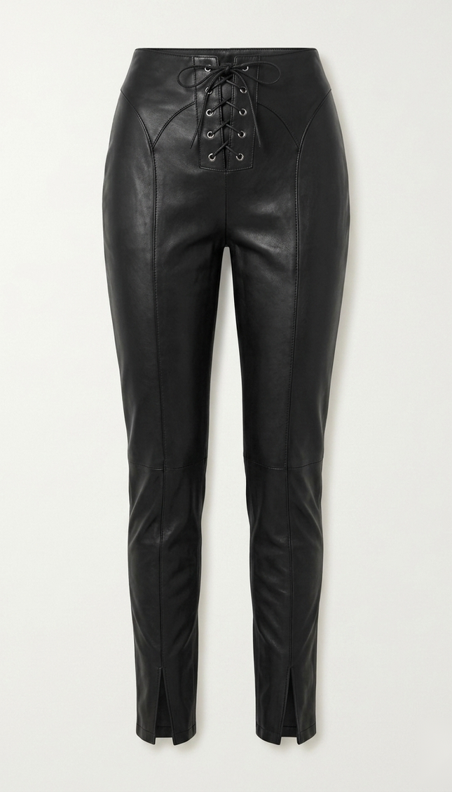 Women's black lambskin leather lace-up pants — front view