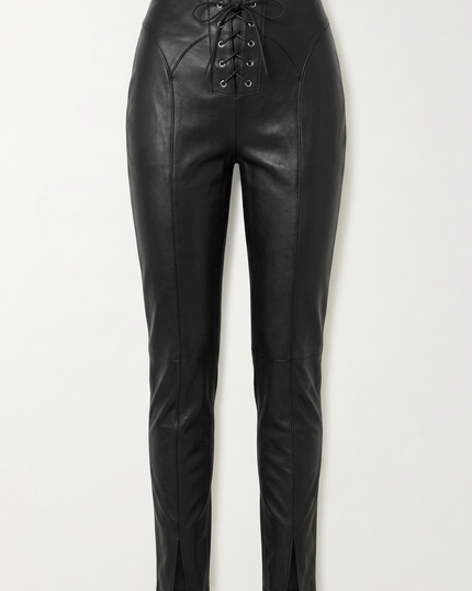Women's black lambskin leather lace-up pants — front view