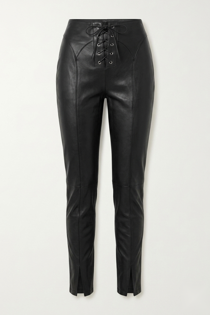 Women's black lambskin leather lace-up pants — front view