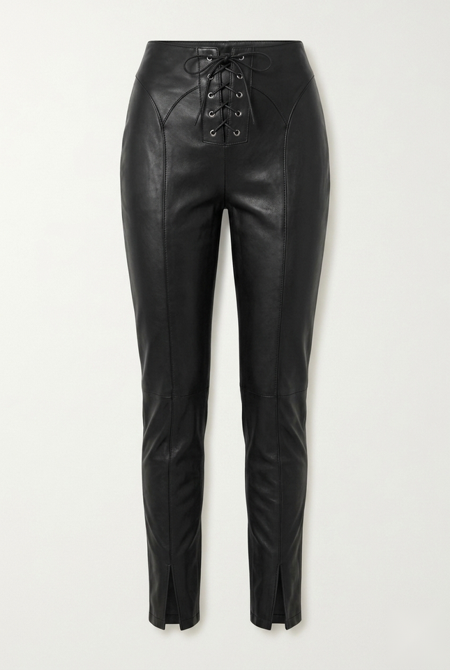 Women's black lambskin leather lace-up pants — front view