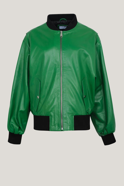 Lambskin Leather Bubble - Sleeve Jacket - Green - Ron Tomson