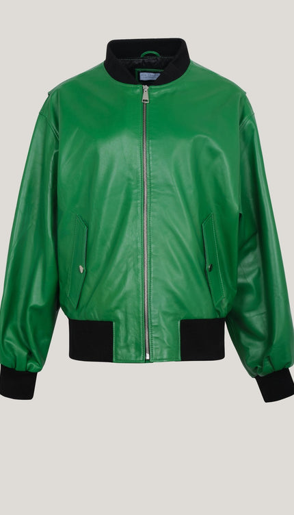 Lambskin Leather Bubble - Sleeve Jacket - Green - Ron Tomson