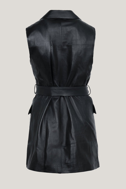 Lambskin Leather Double Breasted Mini Blazer Dress - Black - Ron Tomson