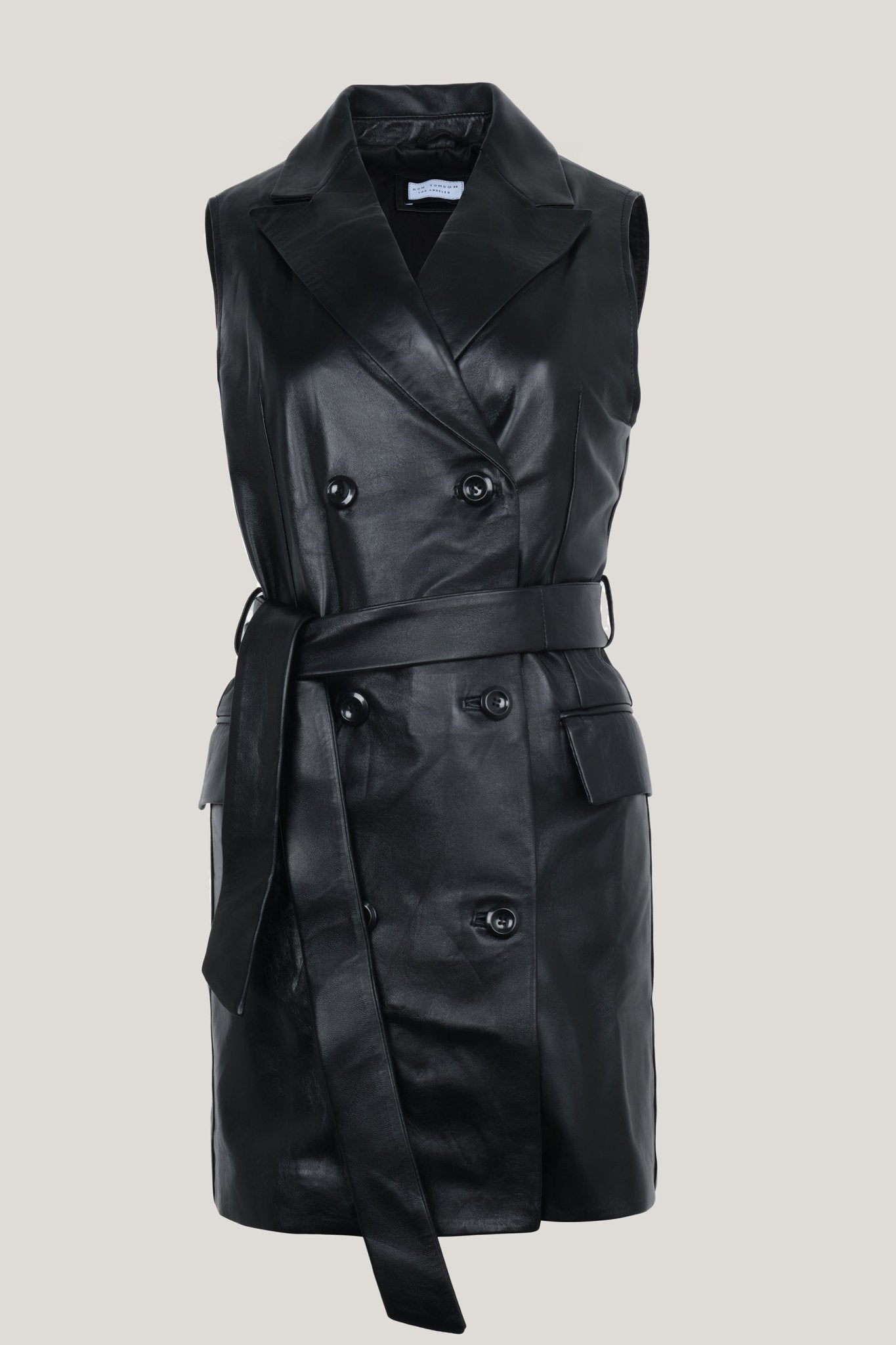Women's Premium Leather Double Breasted Mini Dress - Black - Ron Tomson Women's Premium Leather Double Breasted Mini Dress - Black - Ron Tomson