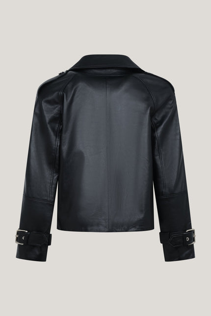 Lambskin Leather Double Breasted Short Trench Jacket - Black - Ron Tomson