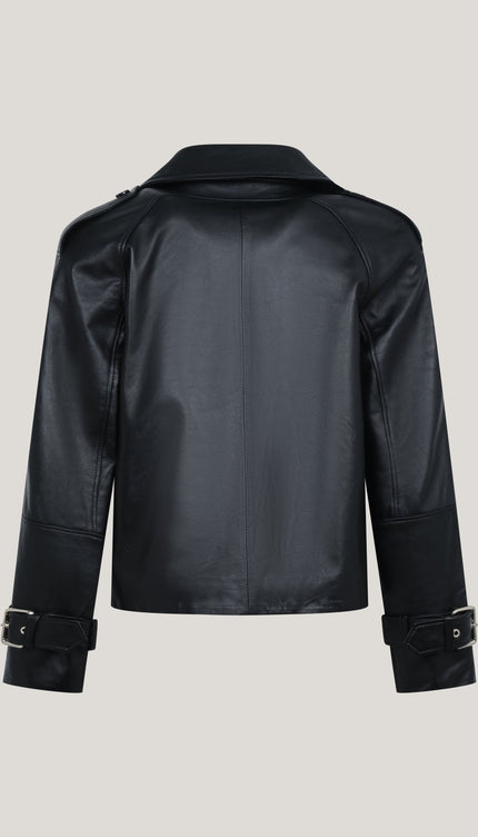 Lambskin Leather Double Breasted Short Trench Jacket - Black - Ron Tomson