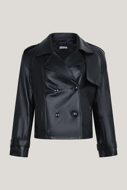 Lambskin Leather Double Breasted Short Trench Jacket - Black - Ron Tomson