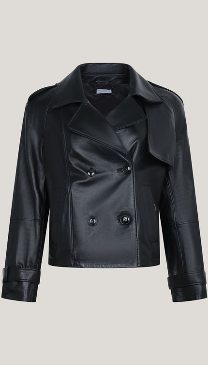 Lambskin Leather Double Breasted Short Trench Jacket - Black - Ron Tomson