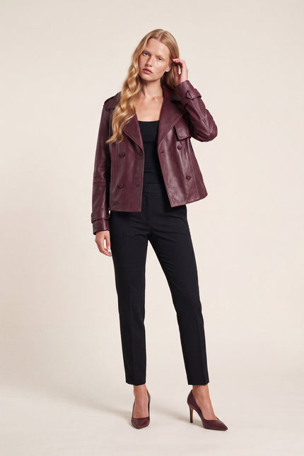 Double-Breasted Lambskin Short Trench Jacket - Burgundy - front view