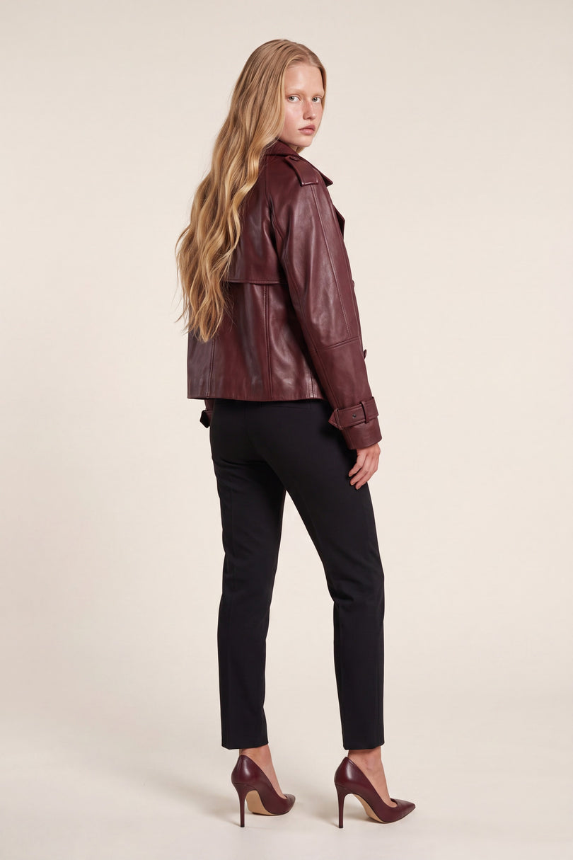 Double-Breasted Lambskin Short Trench Jacket - Burgundy - back view