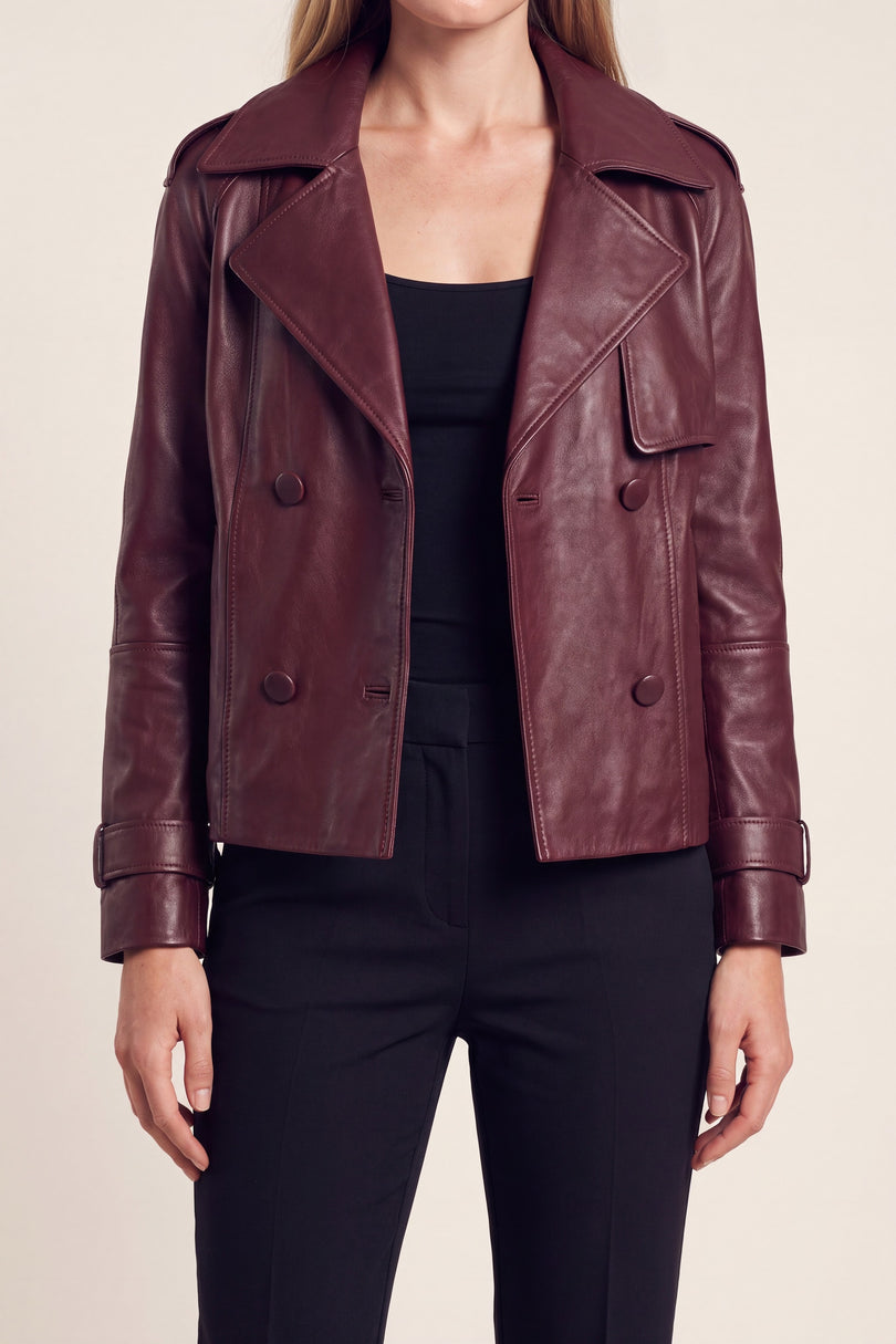 Double-Breasted Lambskin Short Trench Jacket - Burgundy - detail view