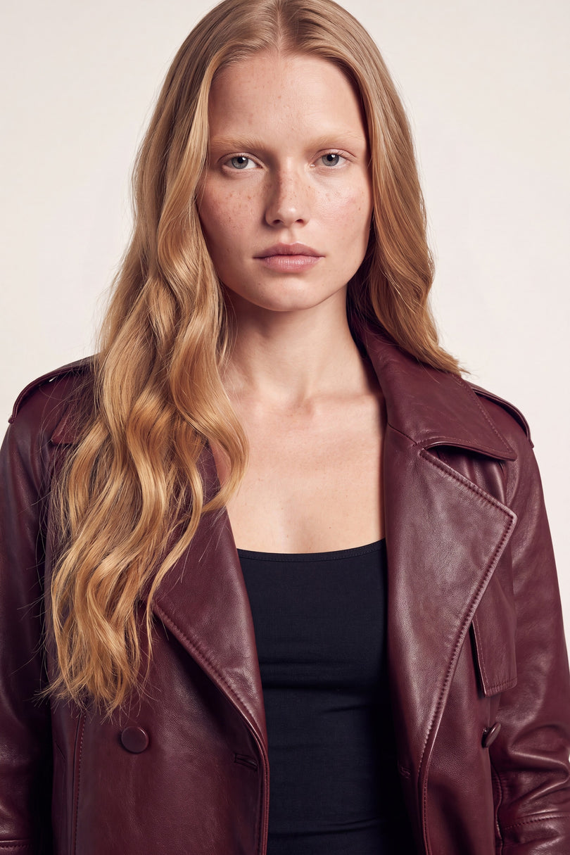 Double-Breasted Lambskin Short Trench Jacket - Burgundy - macro view